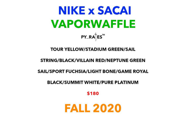 sacai X Nike 联乘“Vaporwaffle”全新鞋款，4 双不同配色。